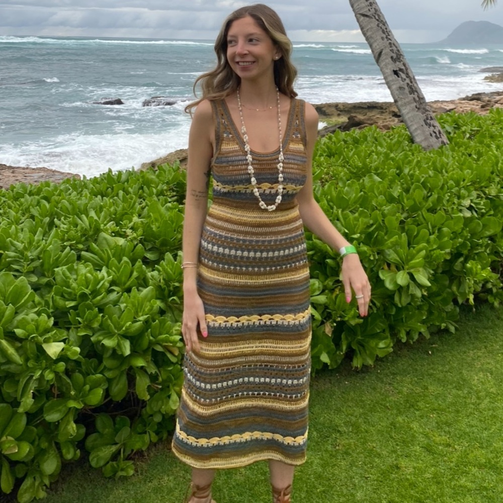 Zara Striped Knit Midi Dress in Mustard, Olive, Gray